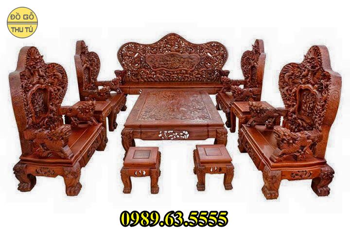 Bàn ăn 8 ghế mẫu Louis Hoàng Gia đục hoa hồng 2 mặt gỗ hương đá - Gia đình  anh Sơn chị Nguyệt ở Quảng Ninh - Xưởng Gỗ An Lạc