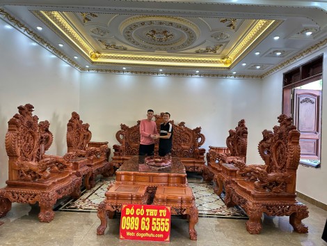 Bộ Bàn Ghế Rồng Đỉnh Gỗ Hương Đá 12 Món đoản 2m8