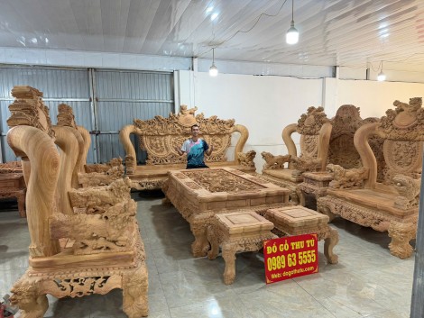Bộ Bàn Ghế Nghê Hoàng Đế 5 đầu cột 18 chân 20 gỗ gõ đỏ bachy