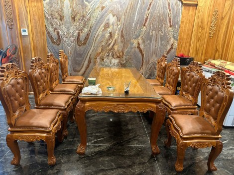 Bộ Bàn Ghế Ăn 8 Ghế Bọc Đệm Gỗ Gõ Đỏ 